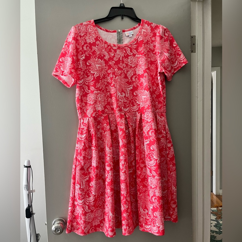 LuLaRoe Red and White Pleated Fit and Flare Dress